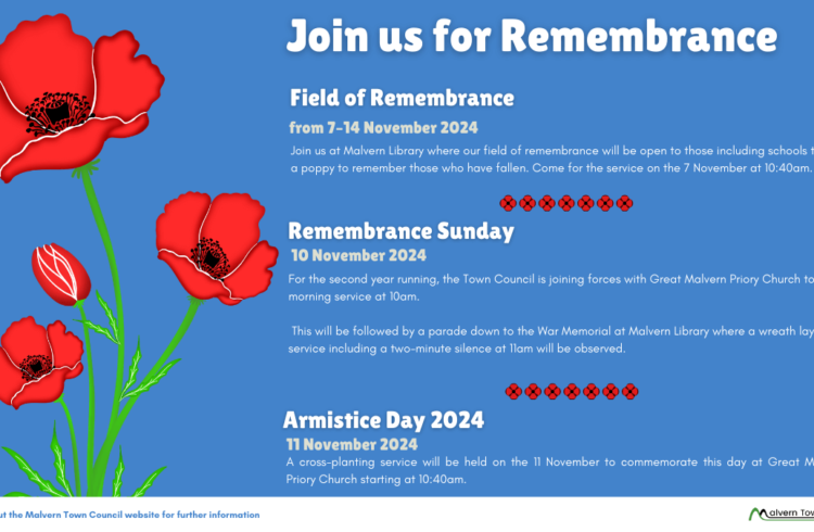 A blue background with stylised images of red poppies to the left (see event descriptions for information from text)