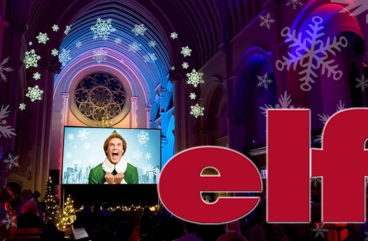 A scene from the film 'Elf' shown on a big screen at Stanbrook Abbey