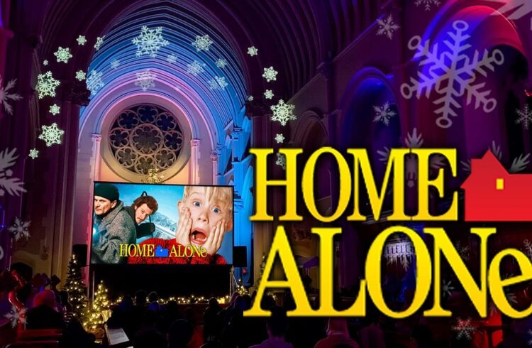 A scene from the film 'Home Alone' shown on a big screen at Stanbrook Abbey