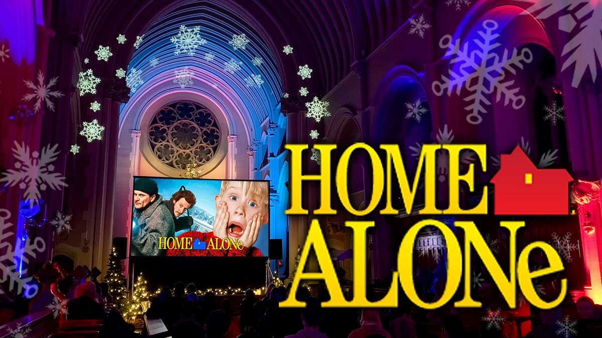 A scene from the film 'Home Alone' shown on a big screen at Stanbrook Abbey