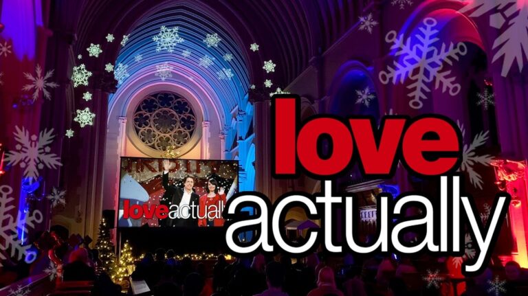 A scene from the film 'Love Actually' shown on a big screen at Stanbrook Abbey