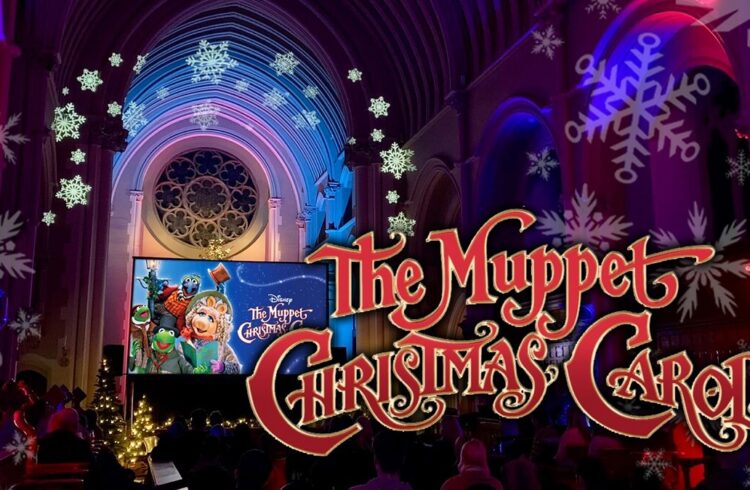 A scene from the film 'The Muppet Christmas Carol' shown on a big screen at Stanbrook Abbey